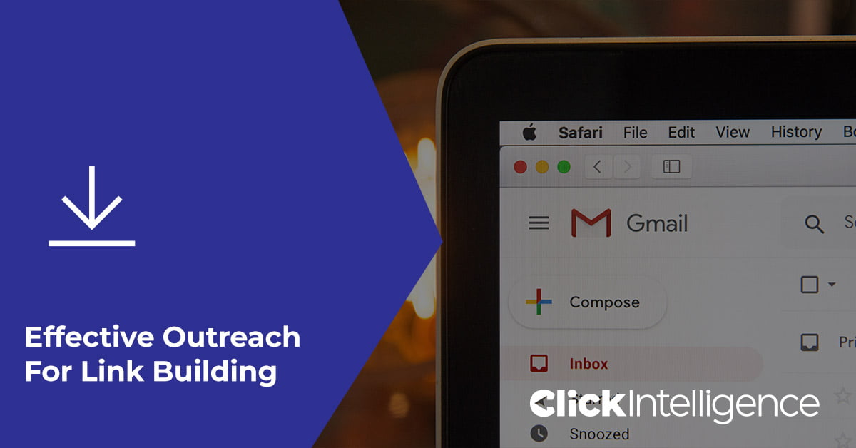 A blue section with the text "Effective Outreach For Link Building." There is a  laptop screen displaying a Gmail inbox.