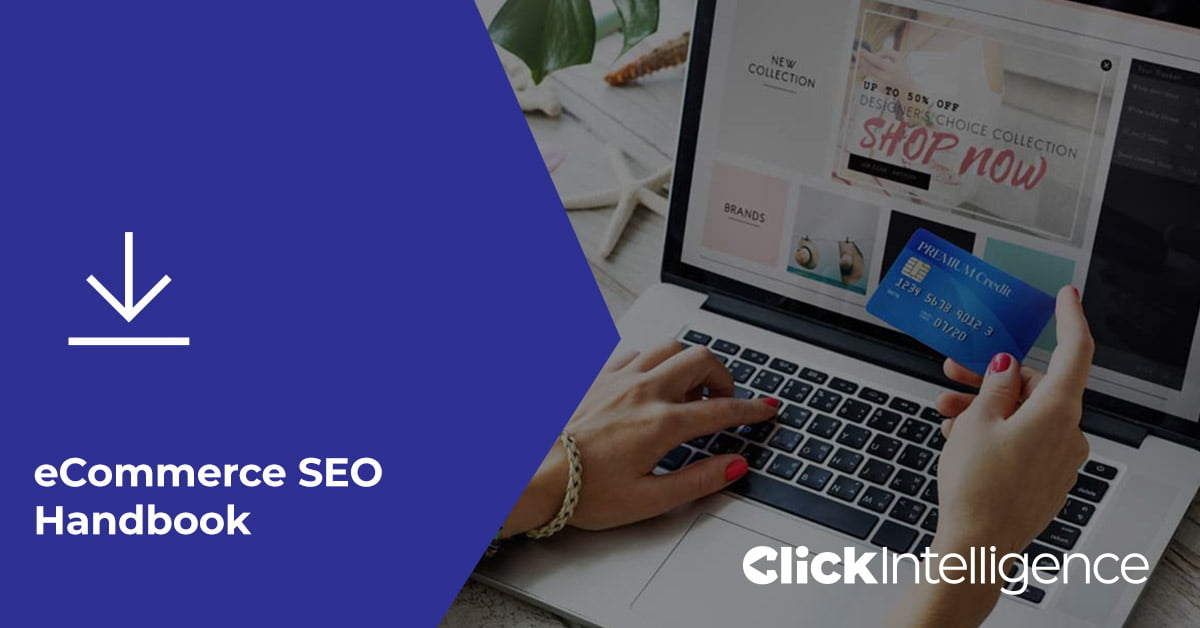 A blue section  and the text "eCommerce SEO Handbook." The image shows a person using a laptop to shop online.