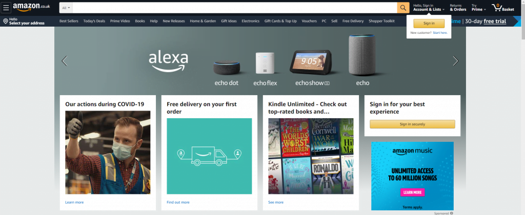 screenshot of amazon home page