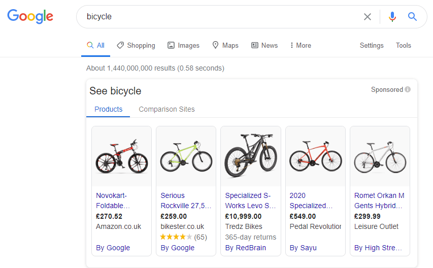 screenshot of bicycle google search