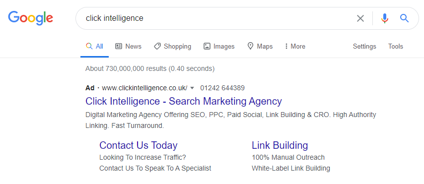 screenshot of click itnelligence google adword