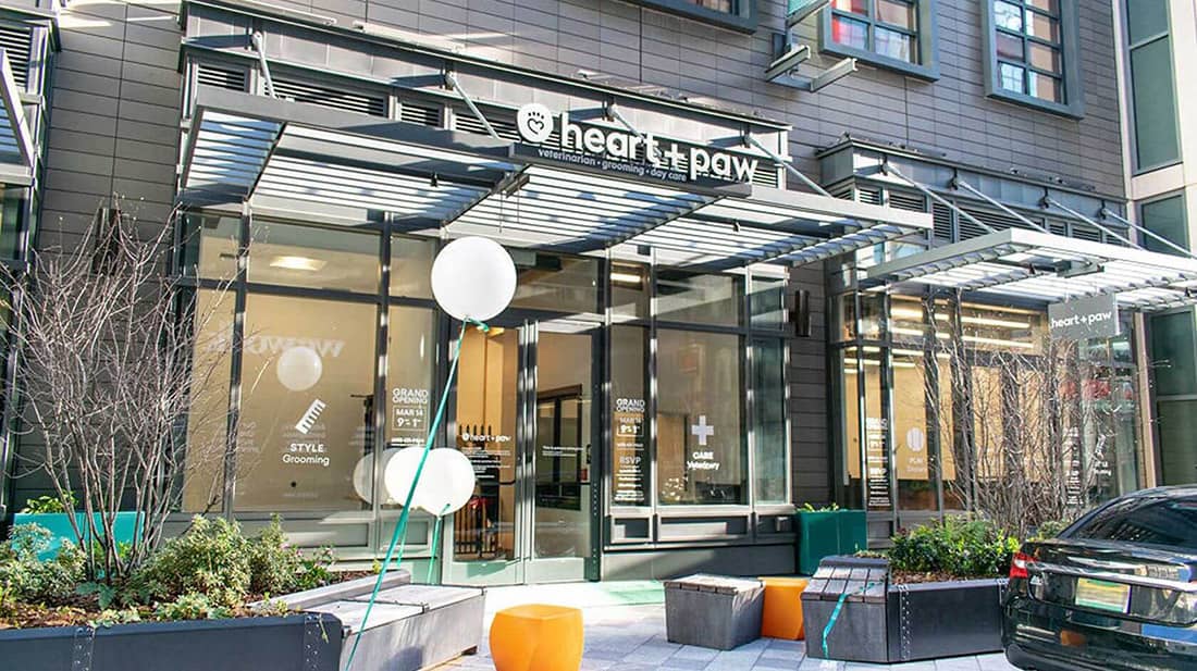 The front entrance of a dog groomers building featuring a sign displaying the name "Heart + Paw"