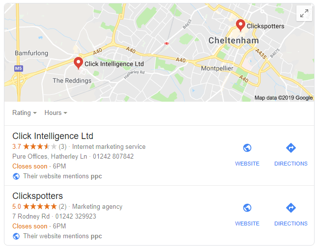 Local SEO results for PPC Cheltenham