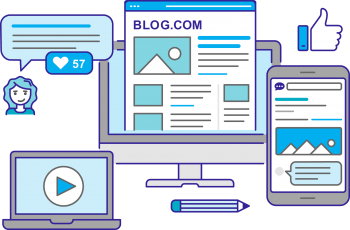 A desktop computer and a laptop, accompanied by a pen and pencil, with a blue graphic representing content marketing.