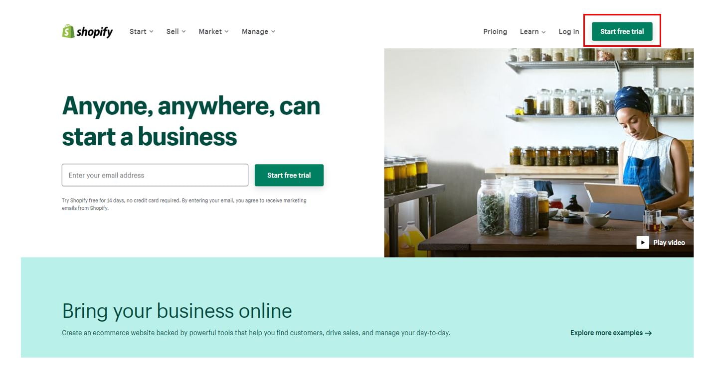 Start your free 14-day trial of Shopify