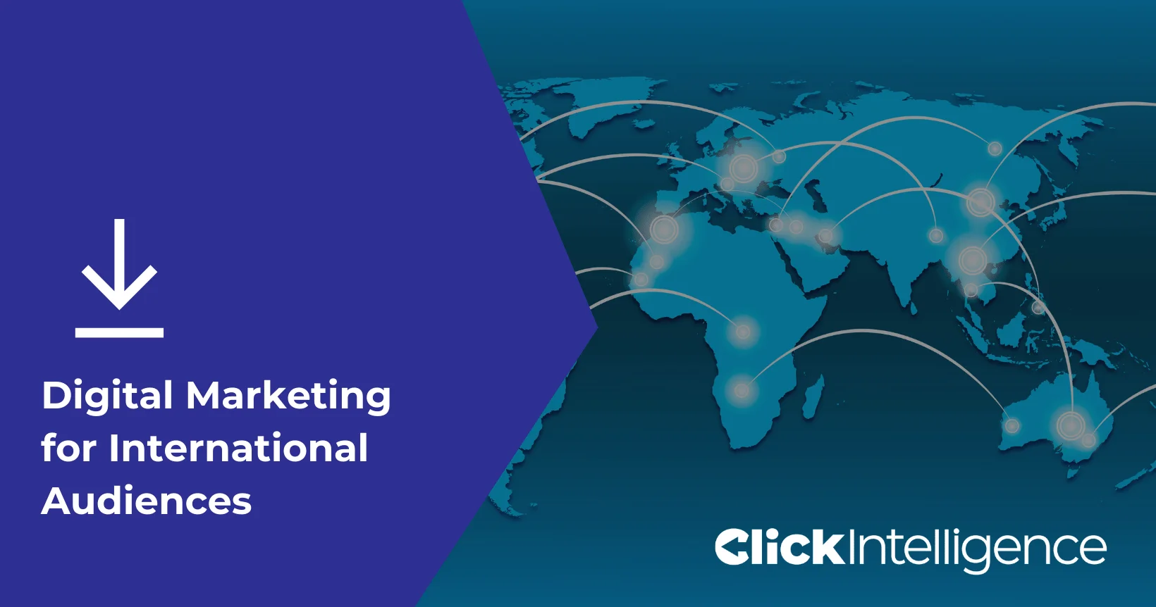 The cover of an e-book titled 'Digital Marketing for International Audiences', features a blue global map with connections.