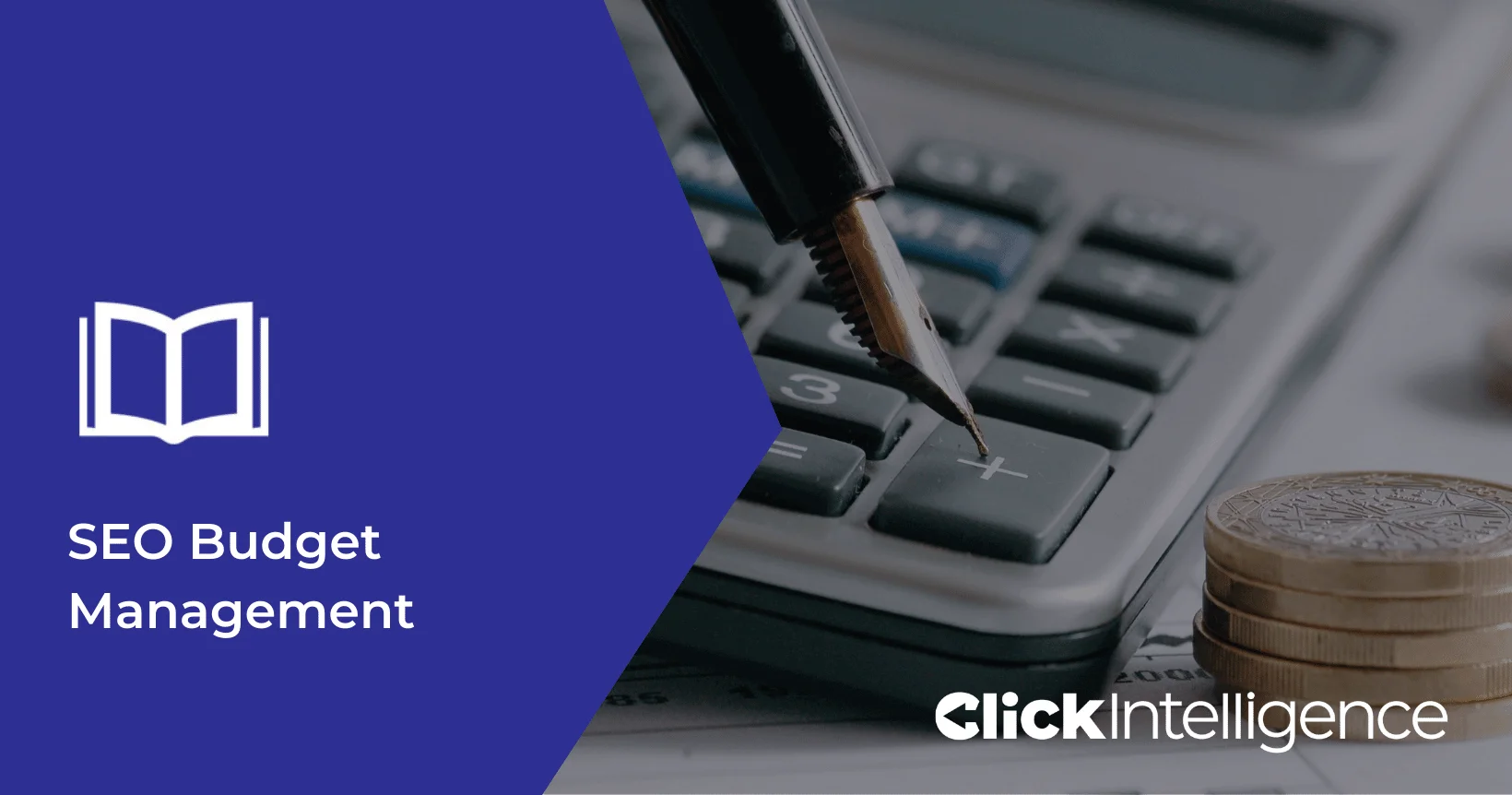 Download E-book Cover Image 'SEO Budget Management', Fountain pen pressing on calculator plus icon