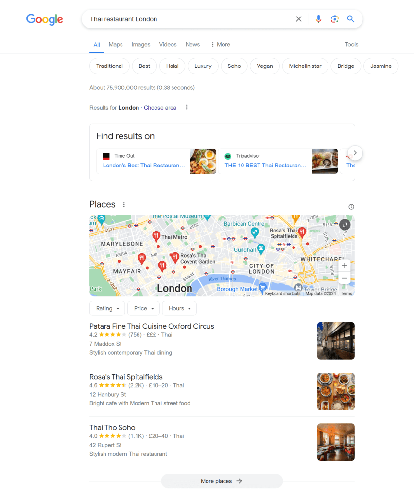 Google Search Thai Restaurant London screenshot