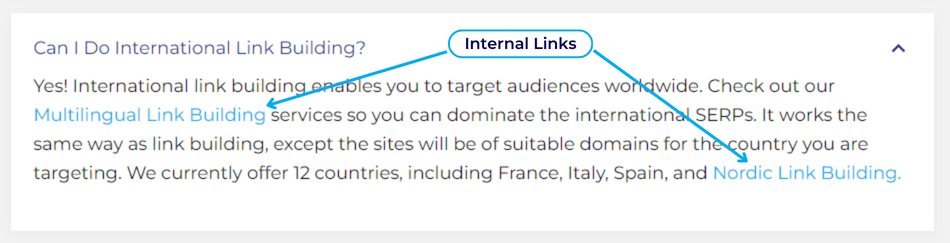 Product Page, FAQ section internal links example