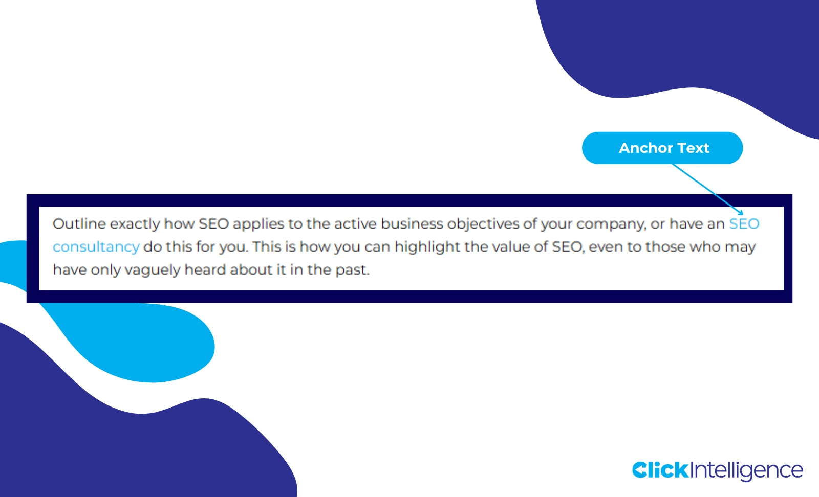 Screenshot showing an anchor text example, with 'SEO consultancy' highlighted in blue and labelled as anchor text with an arrow and text box