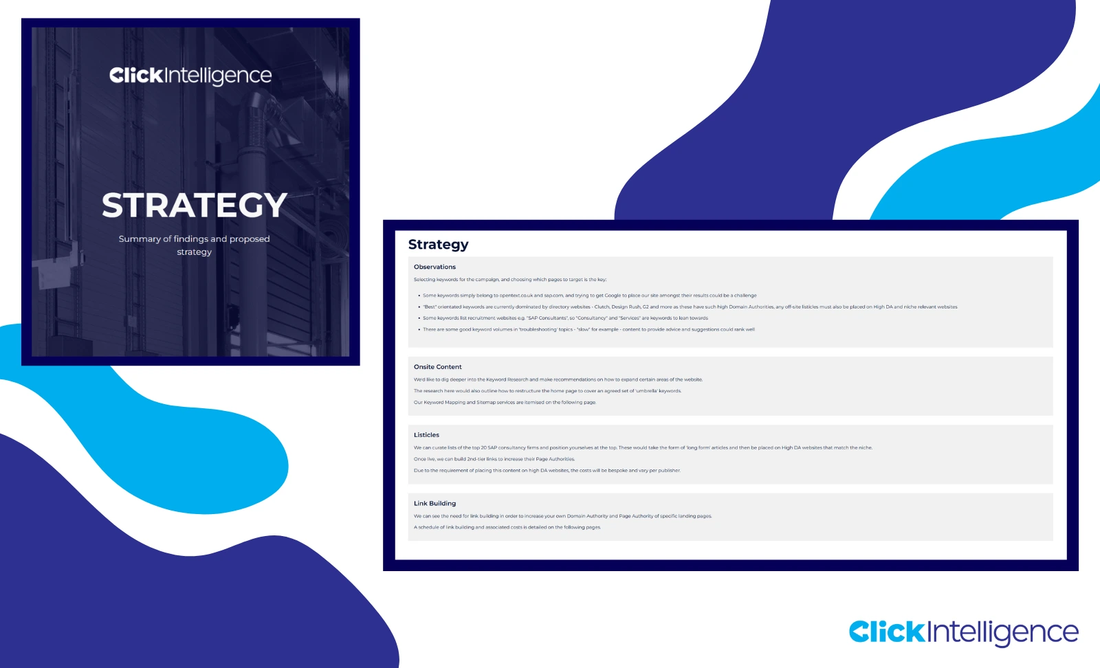 Two screenshots: one showing the cover of Click Intelligence's bespoke strategy and the other highlighting a strategy page with insights on observations, online content, listicles, and link building for a client.