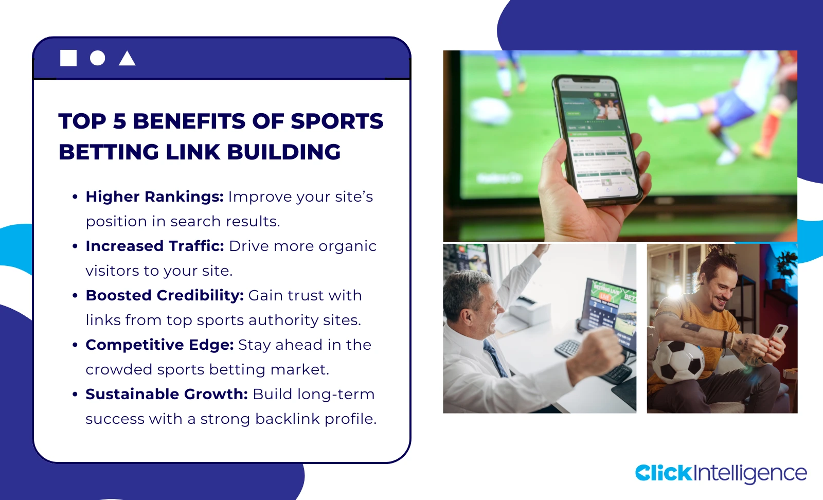 A graphic showcasing the top 5 benefits of sports betting link building, including higher rankings, increased traffic, and boosted credibility, alongside images of sports betting on mobile and PC.