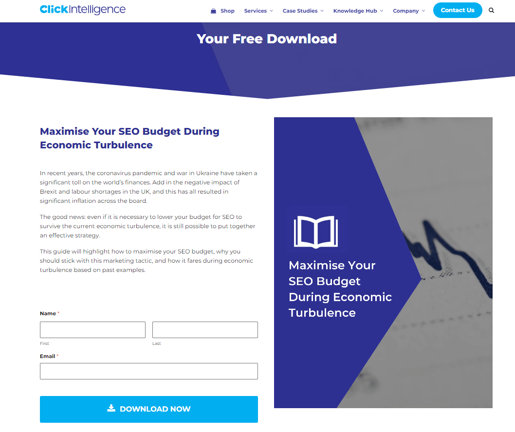 Click Intelligence's Free E-book download with gated form.