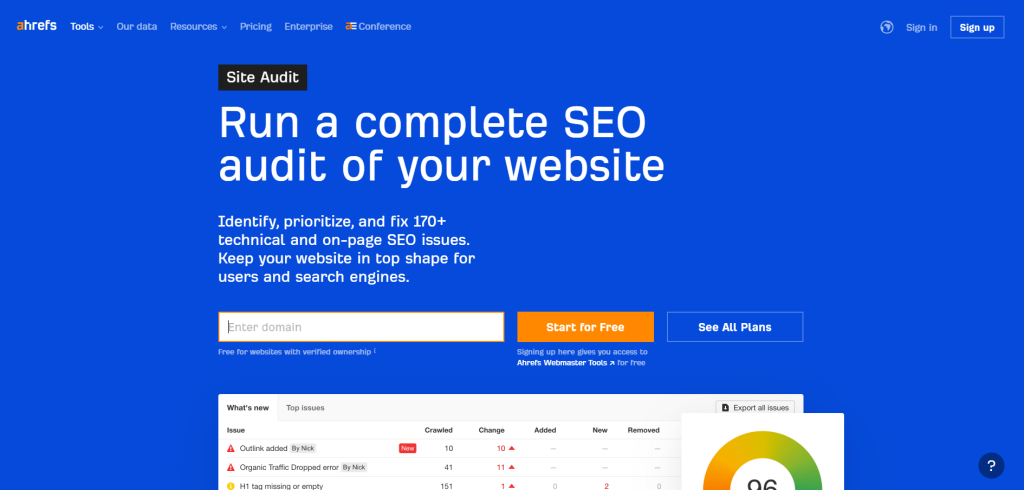 A screenshot of Ahrefs site audit tool.