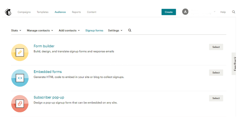 Mailchimp form builder screenshot.