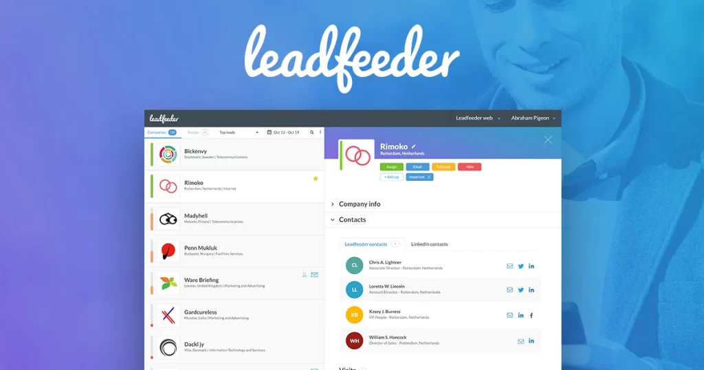 Leadfeeder interface with a blue and purple gradient background.