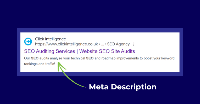 Example of a meta description displaying 134 characters about Click Intelligence's SEO Audit Service. 